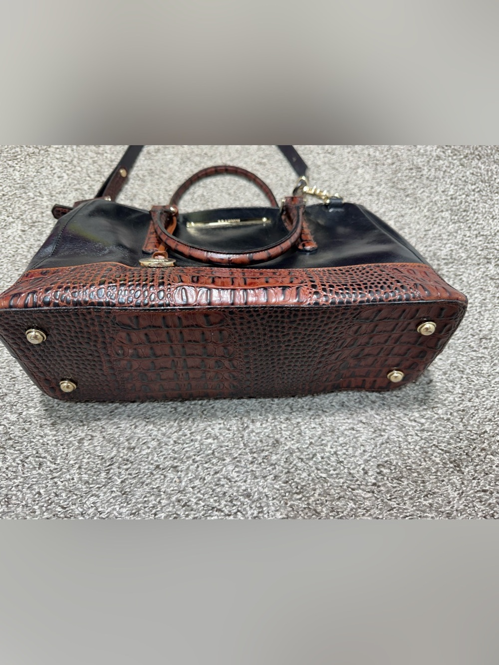 Brahmin Black Leather Satchel Shoulder Bag Brown Croc Embossed Trim Purse - Picture 5 of 16